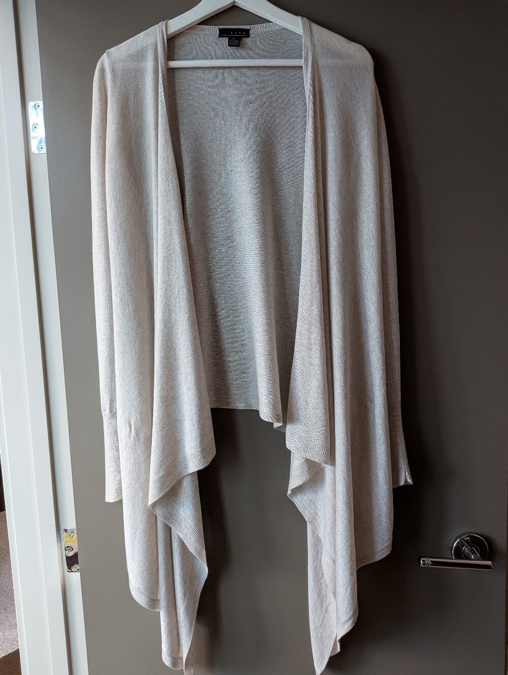 LINE Knitwear Cashmere Modal Draped Open Front Cardigan Pockets Beige Oatmeal XS